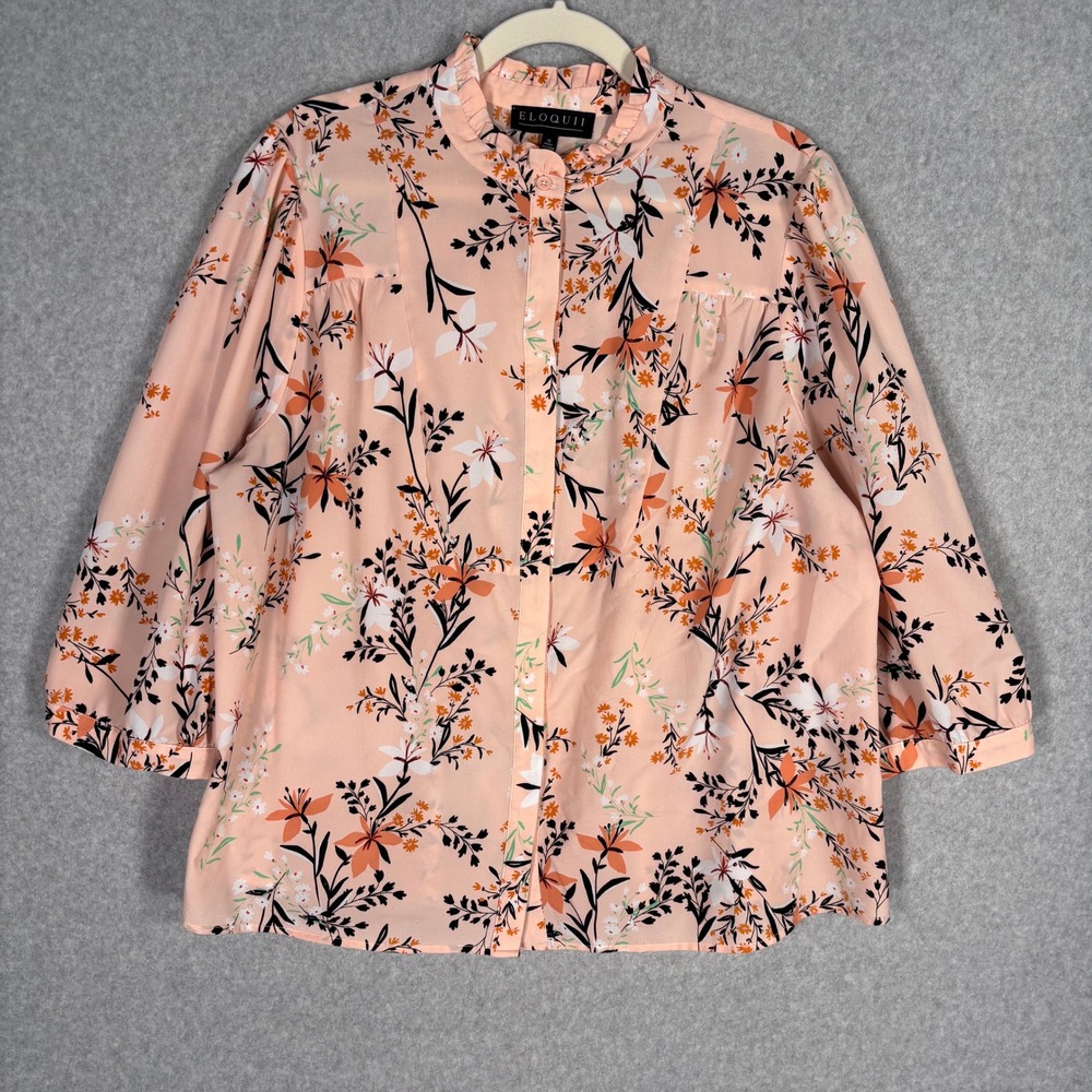 ELOQUII Floral Ruffle Blouse 18 Peach Feminine Romantic Puff Twee Button Up